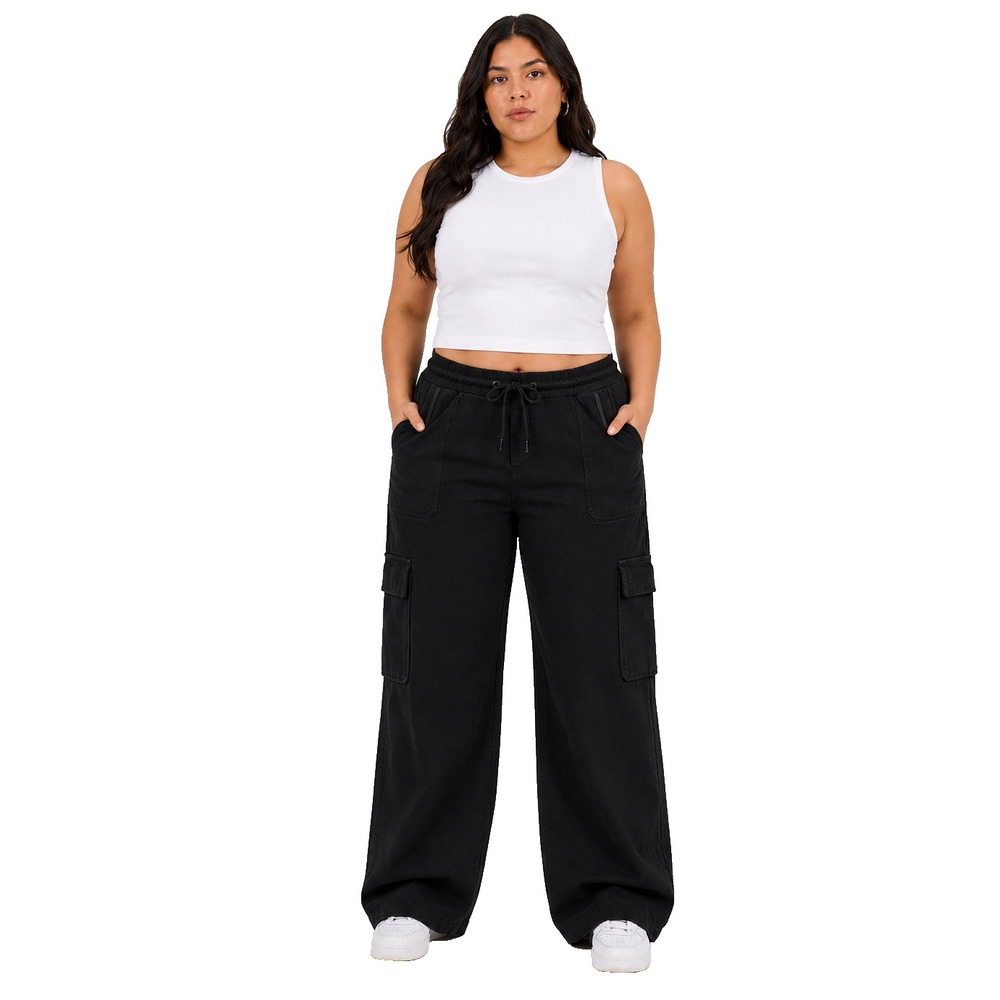 Tinseltown Juniors Mixed Media Denim Sweatpants Black Cargo Pants XL